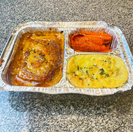 OLD SCHOOL TV DINNER - MOMMA'S MEATLOAF WITH MUSHROOM GRAVY, GARLIC MASH & ROASTED VEGGIES.
