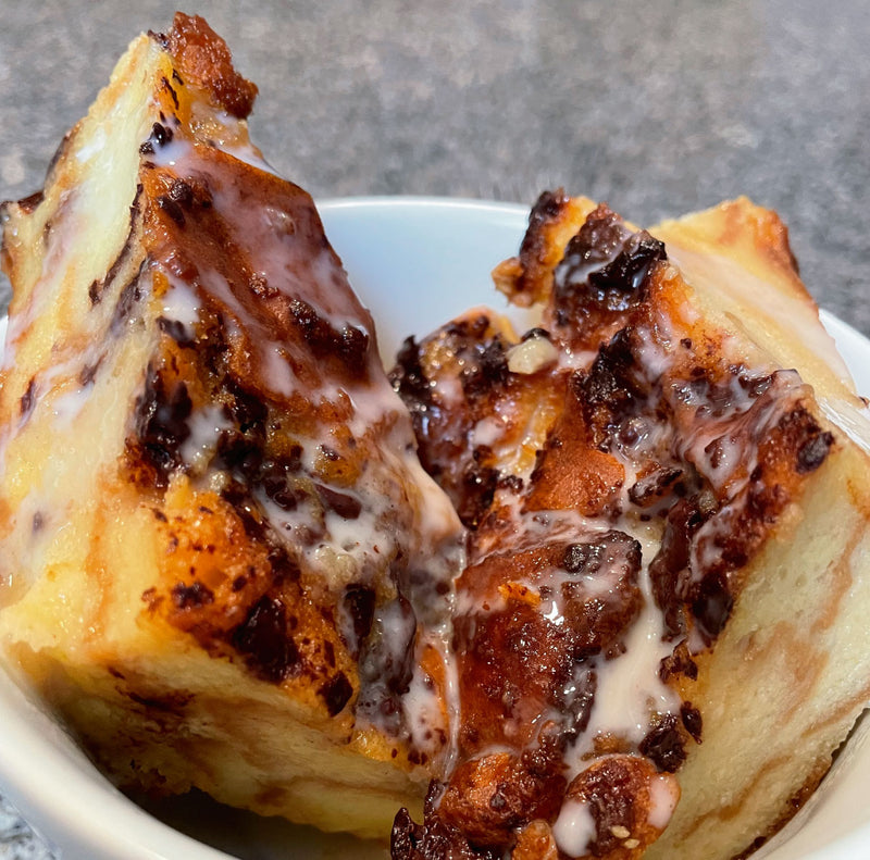 WHITE AND DARK CHOCOLATE  BREAD PUDDING WITH AMARETTO CREAM