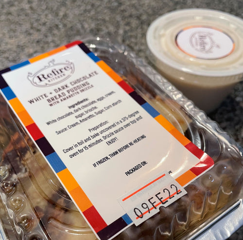WHITE AND DARK CHOCOLATE  BREAD PUDDING WITH AMARETTO CREAM